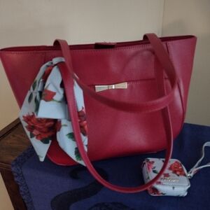 Elegant Betsy Johnson FushiaTote Bag with Floral Scarf And Coin Purse.